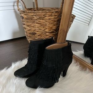 Black Darcy Suede Boots Size 8. Suede upper. Back zip closure. 3 1/2 inch heel.